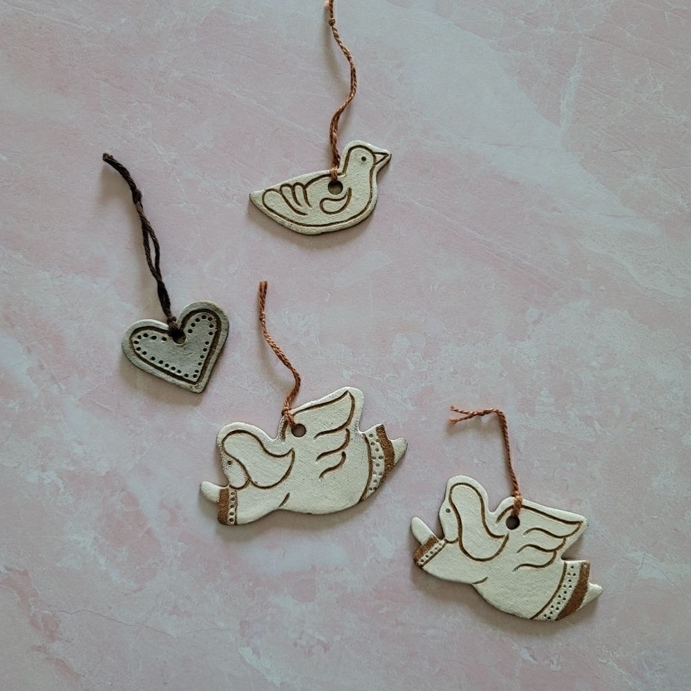 Handmade clay hanging decorations angel dove heart
